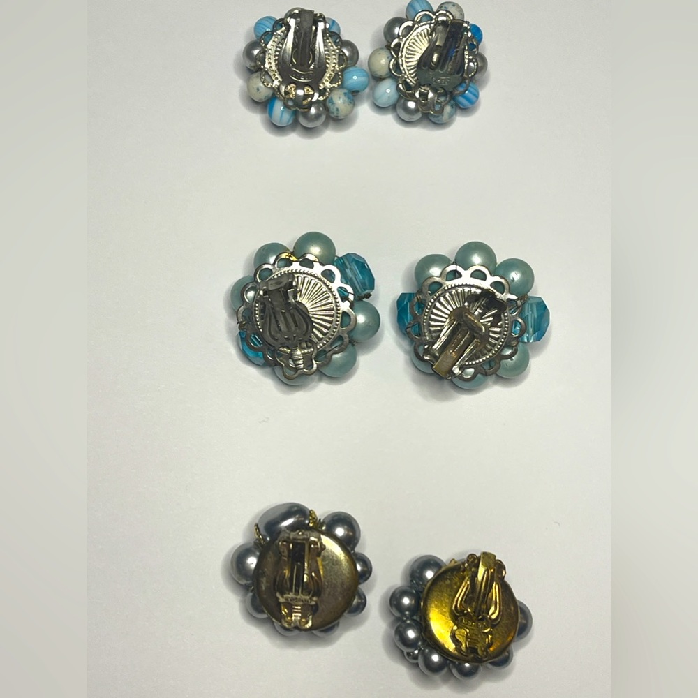 Vintage clip earrings marked Japan lot of 3 pairs blue beaded gold silver gift - Picture 6 of 15